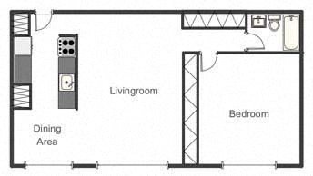 Floor plan for 1 bed, 1 bath, 700 sqft