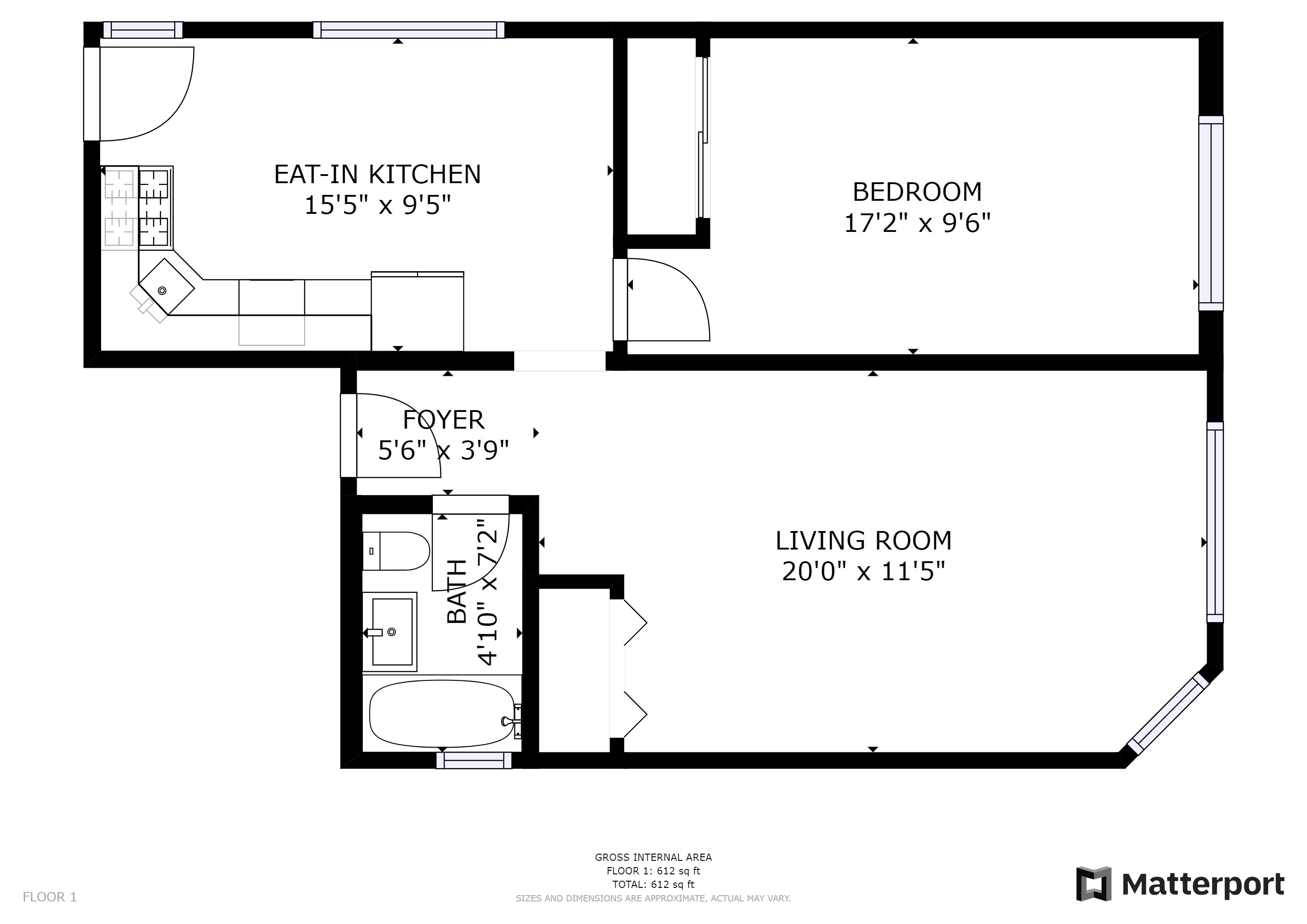 Floor plan for 1 bed, 1 bath, 612 sqft