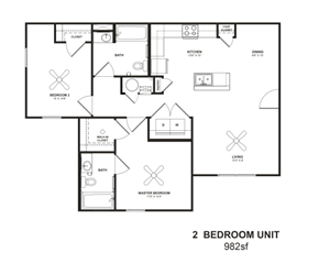 Goldsboro apartment for rent - a floor plan of a 2 bedroom unit at the crossings at camelback