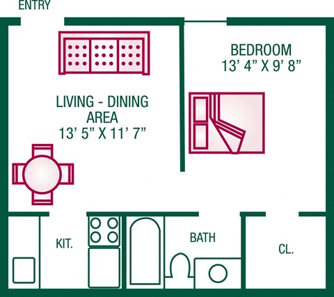 Floor plan for 1 bed, 1 bath, 450 sqft