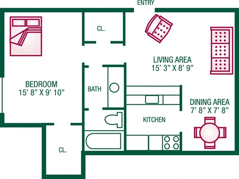 Floor plan for 1 bed, 1 bath, 650 sqft