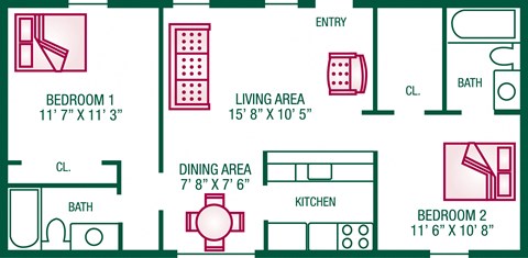 Floor plan for 2 beds, 2 baths, 850 sqft