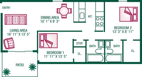 Floor plan for 2 beds, 2 baths, 950 sqft