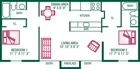 Floor plan for 2 beds, 2 baths, 1000 sqft