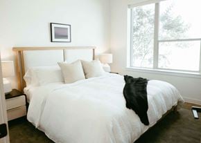 Dallas apartment for rent - a bedroom with a bed and a large window