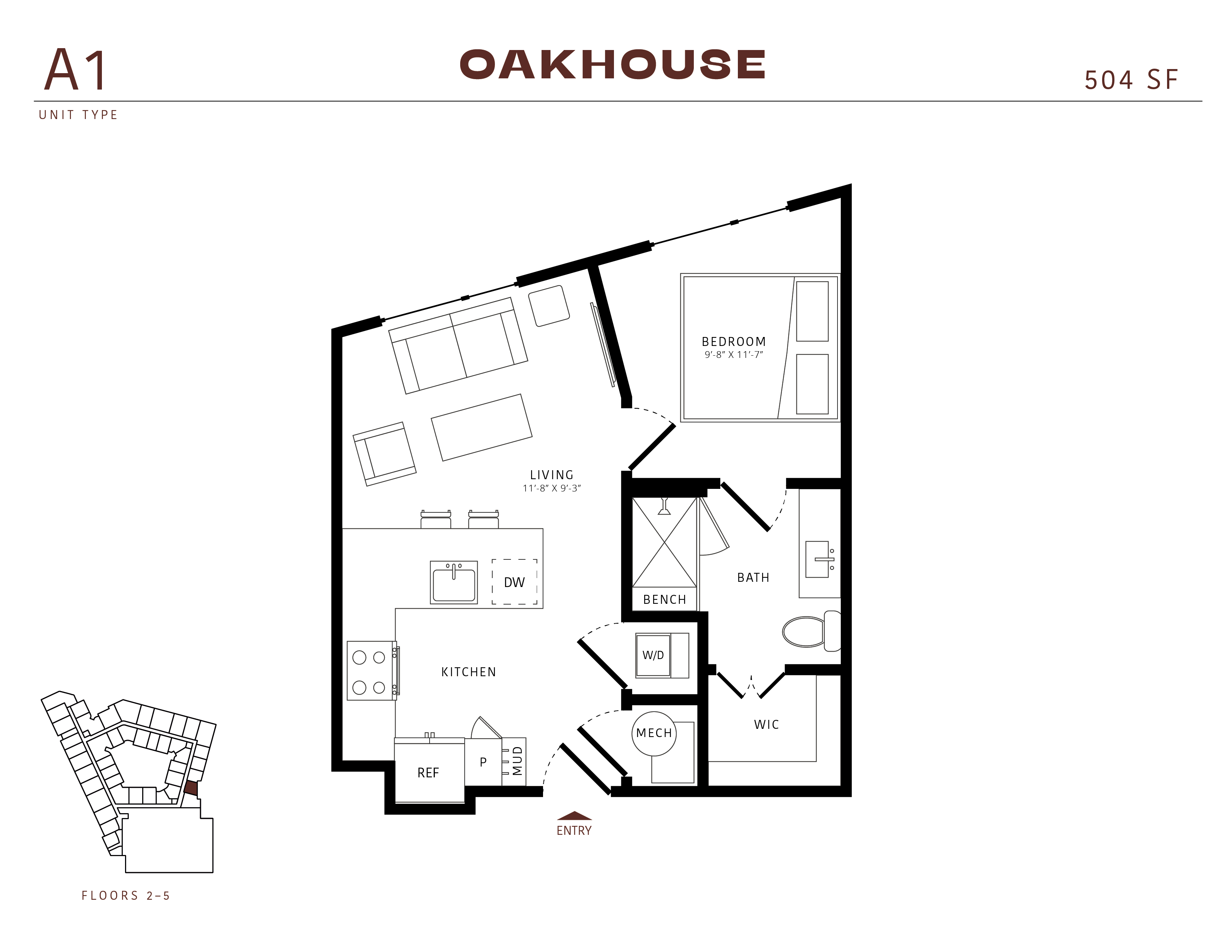 Floor plan for 1 bed, 1 bath, 504 sqft