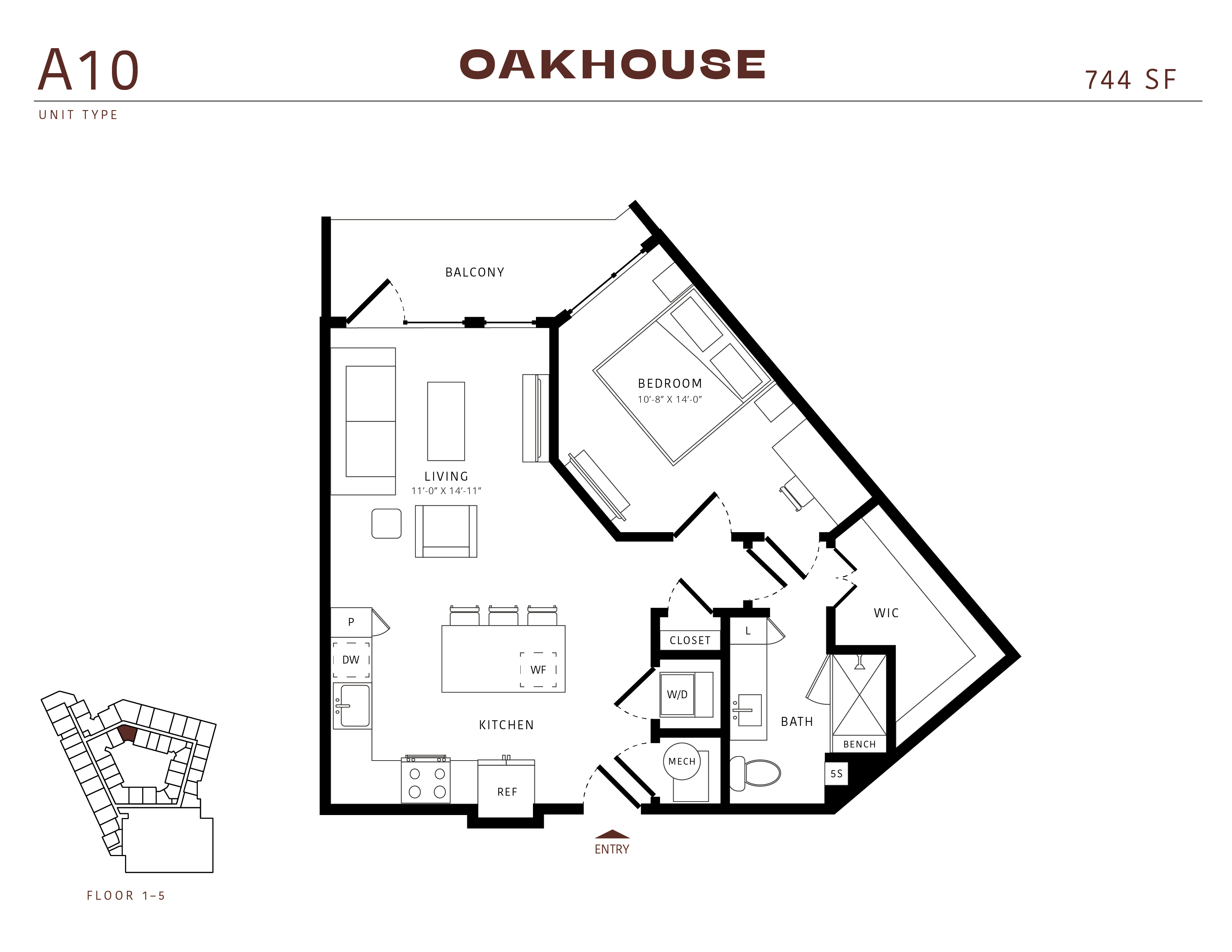 Floor plan for 1 bed, 1 bath, 744 sqft