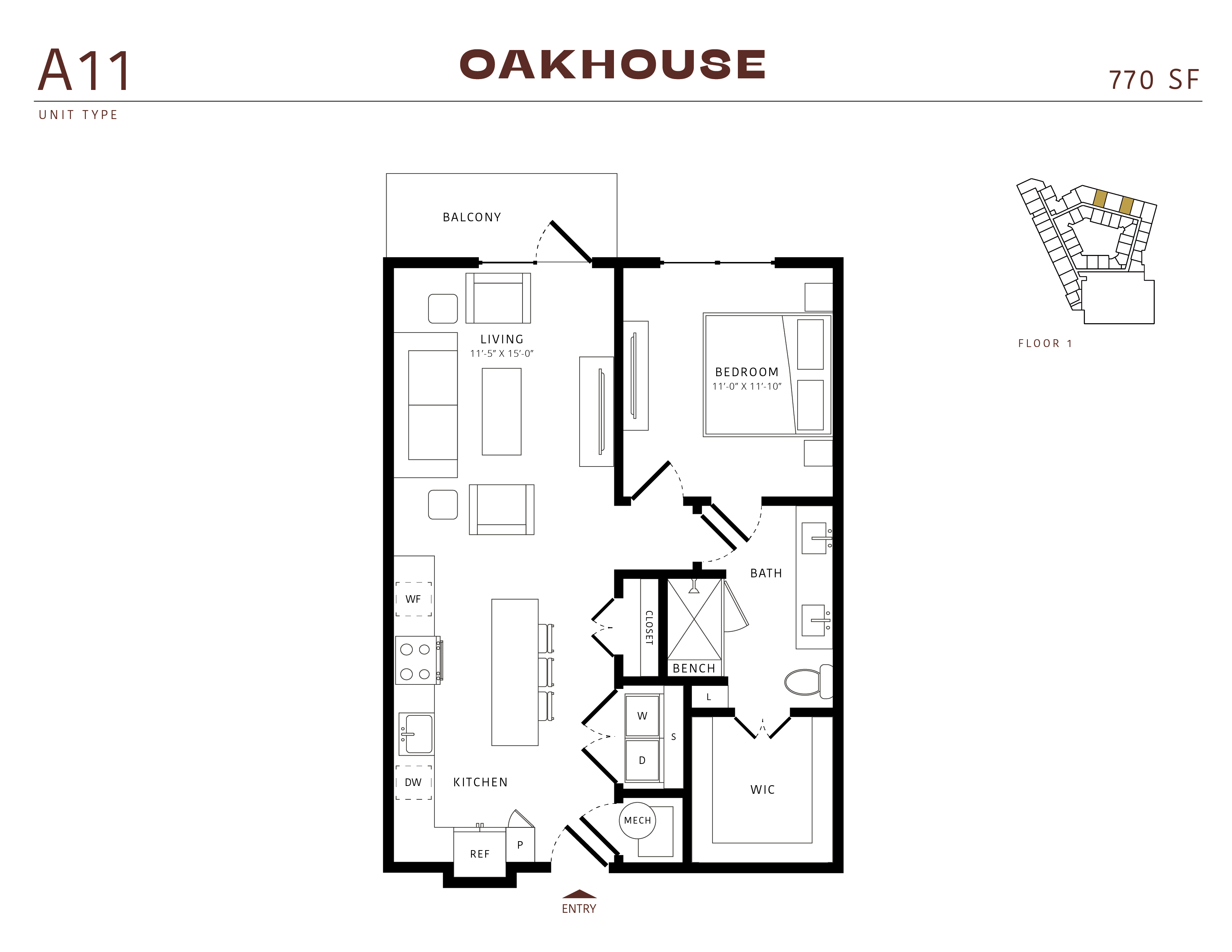 Floor plan for 1 bed, 1 bath, 770 sqft