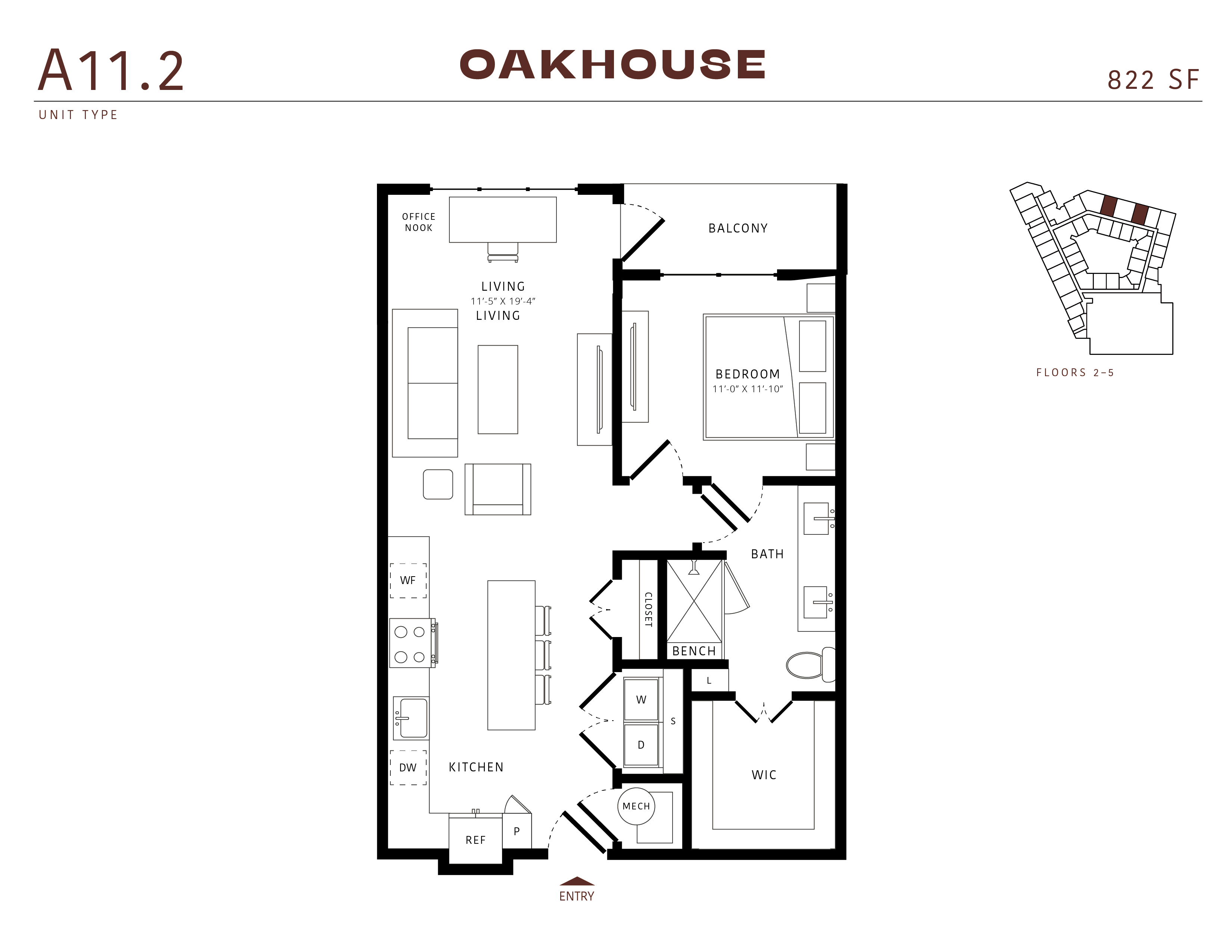 Floor plan for 1 bed, 1 bath, 822 sqft