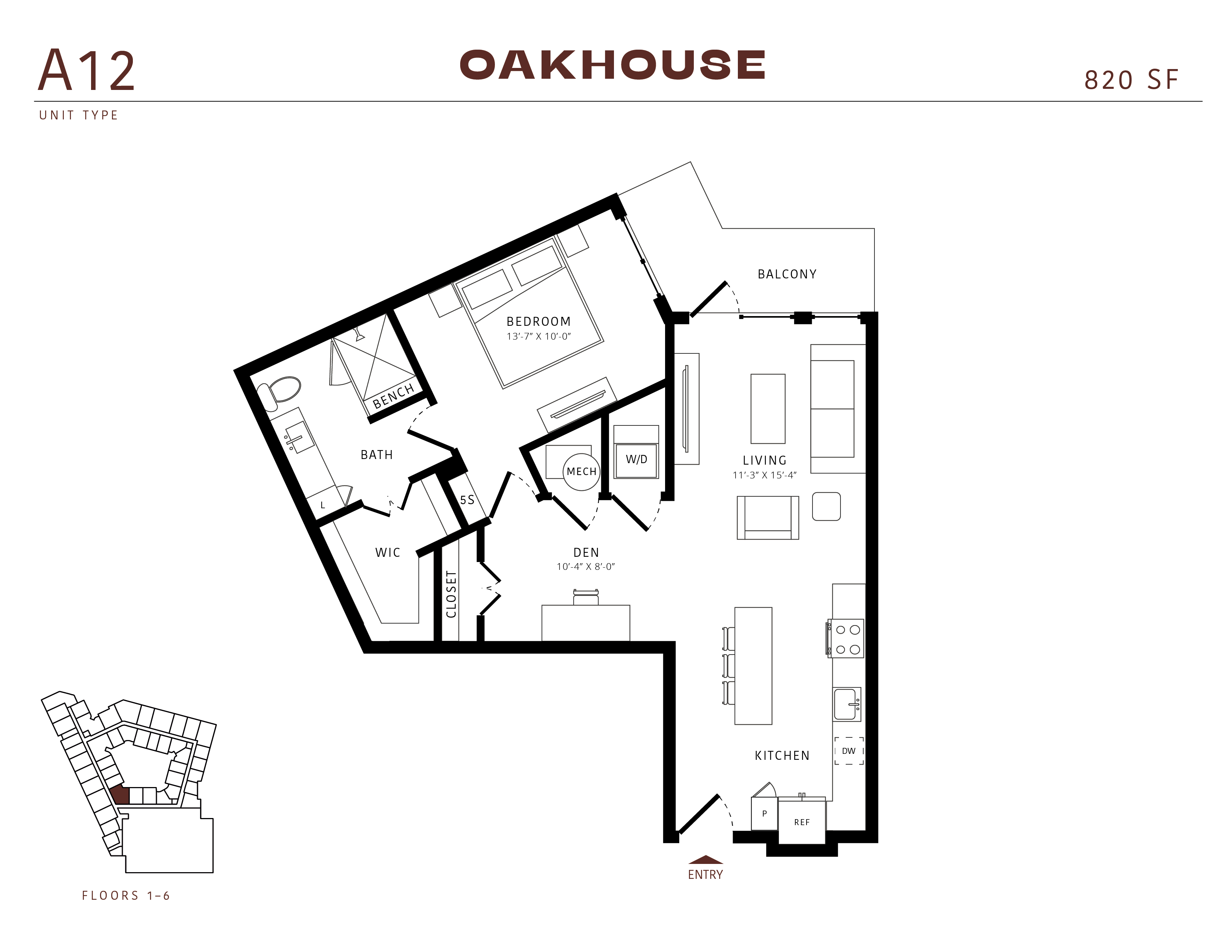 Floor plan for 1 bed, 1 bath, 820 sqft