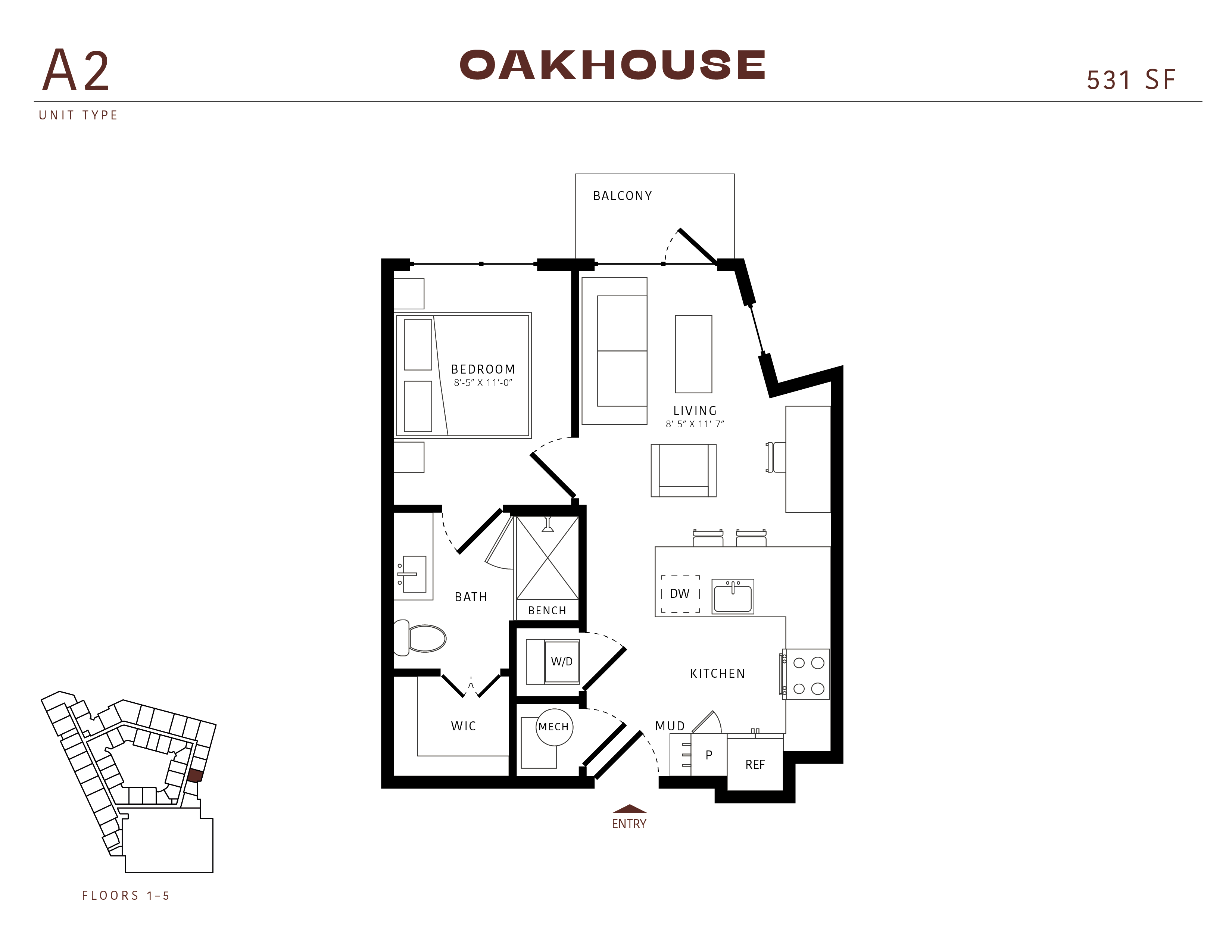 Floor plan for 1 bed, 1 bath, 531 sqft