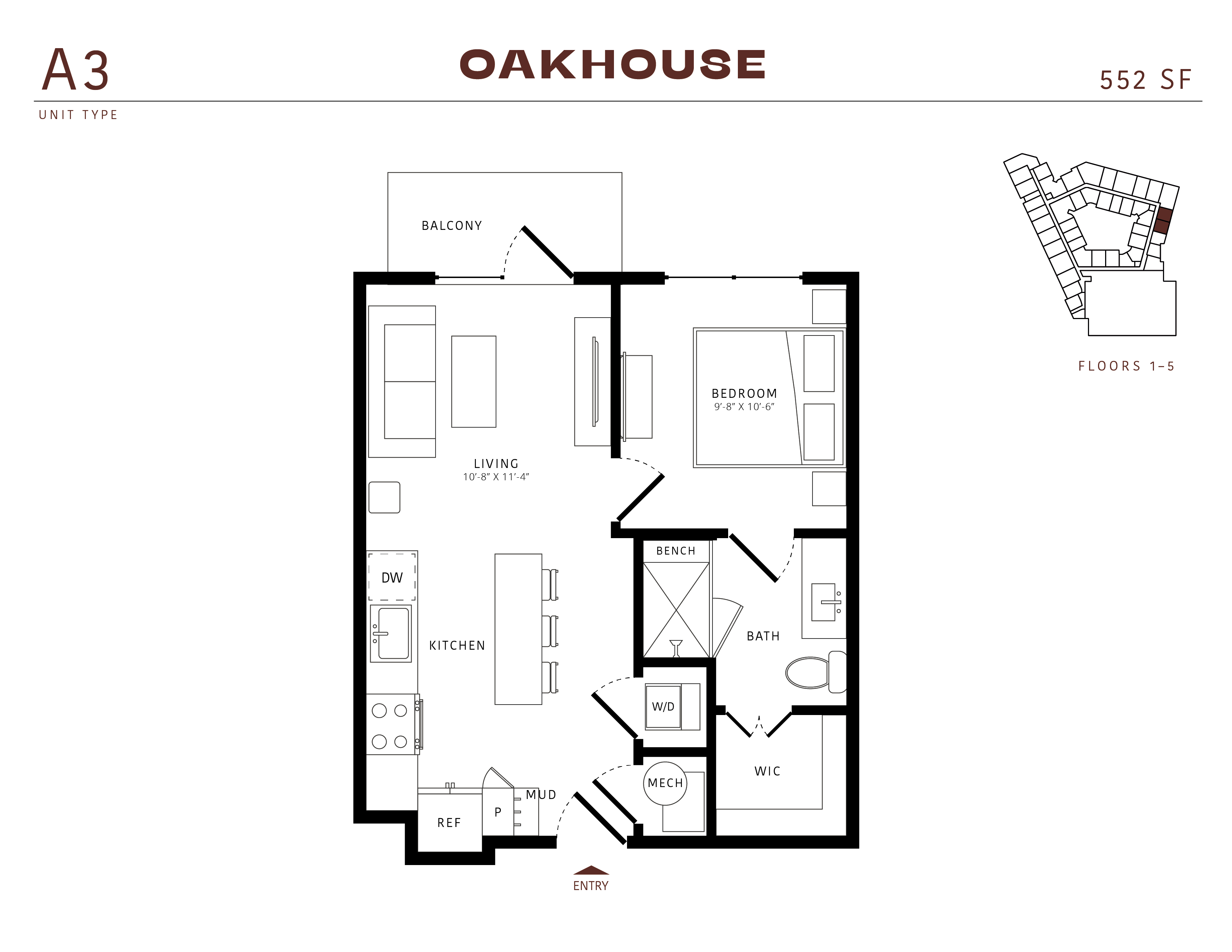 Floor plan for 1 bed, 1 bath, 552 sqft