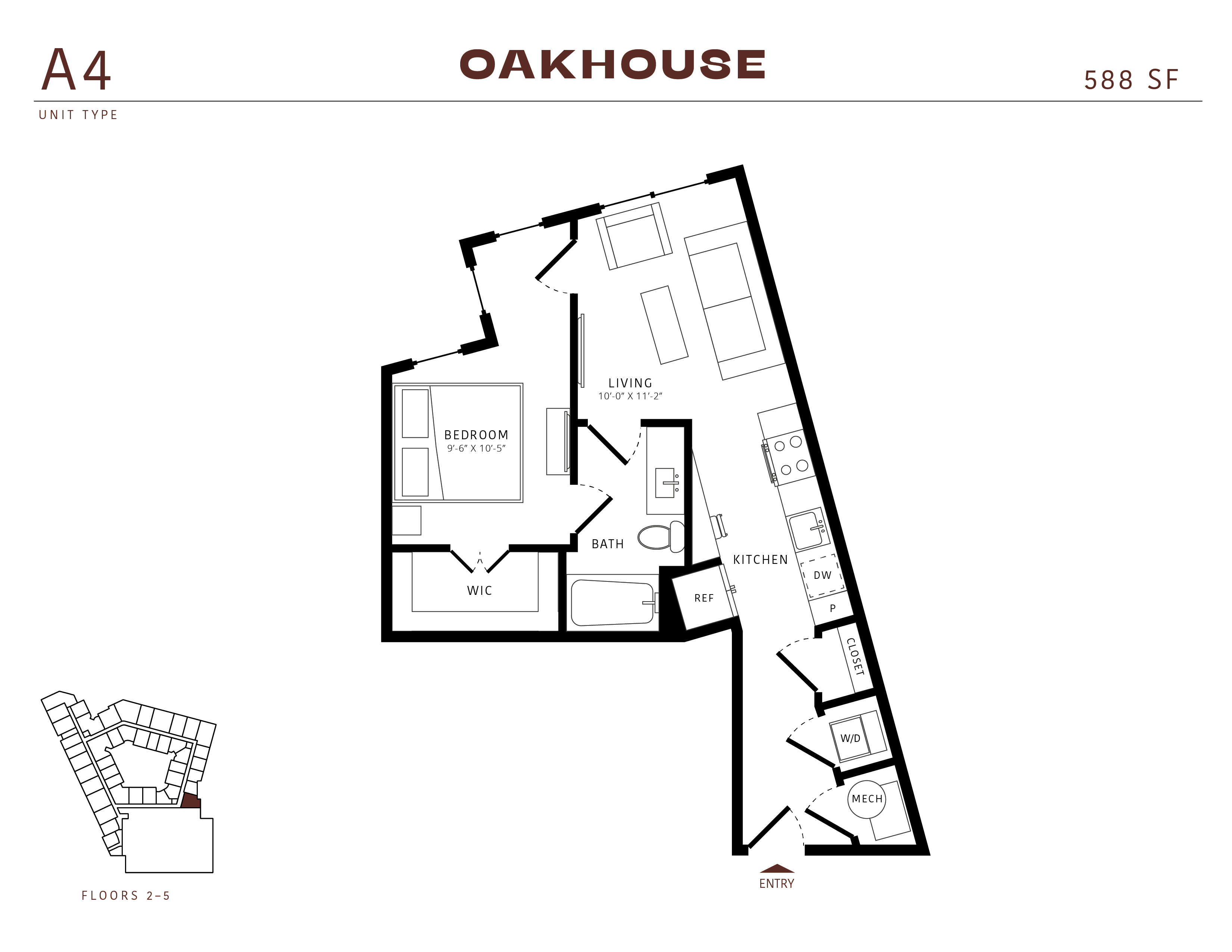 Floor plan for 1 bed, 1 bath, 588 sqft