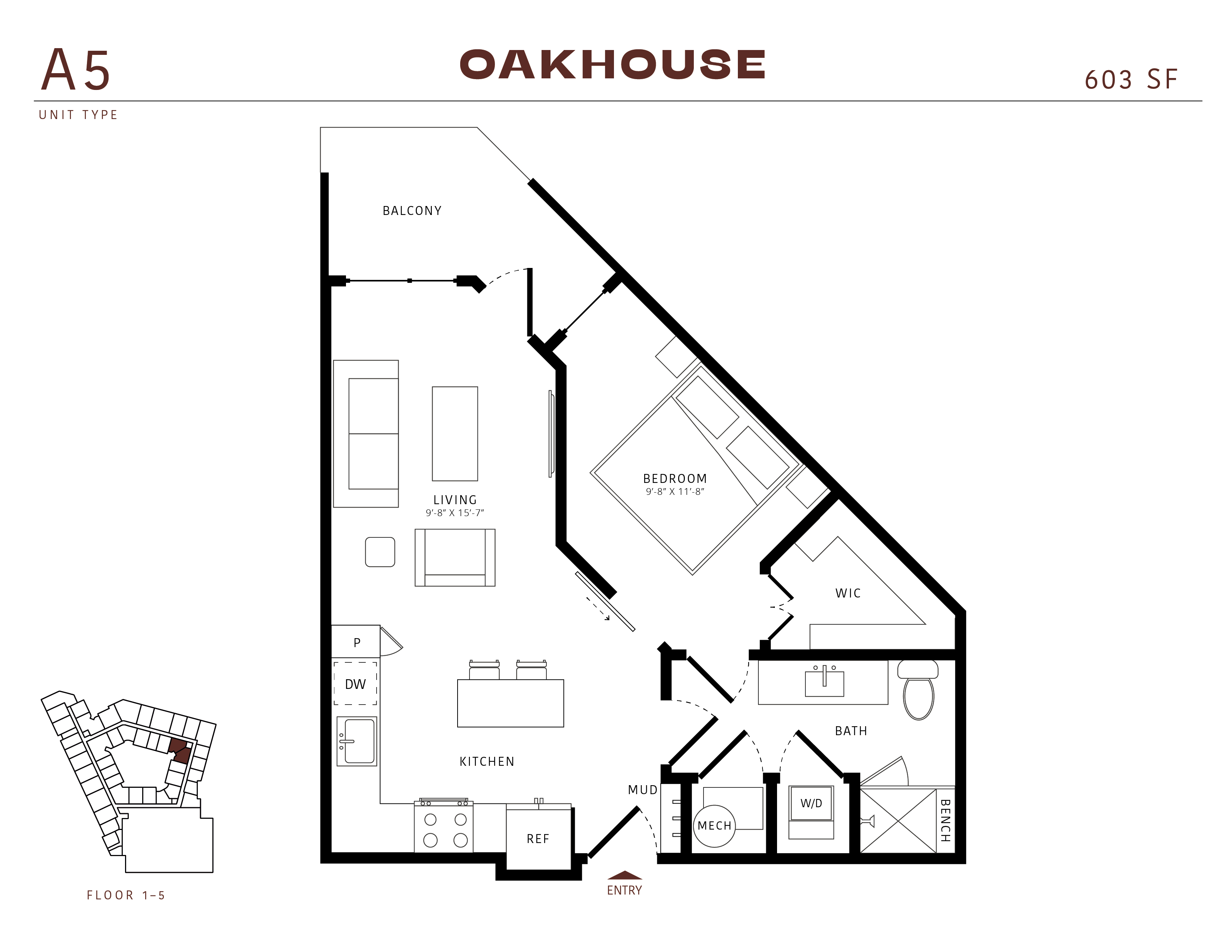 Floor plan for 1 bed, 1 bath, 603 sqft