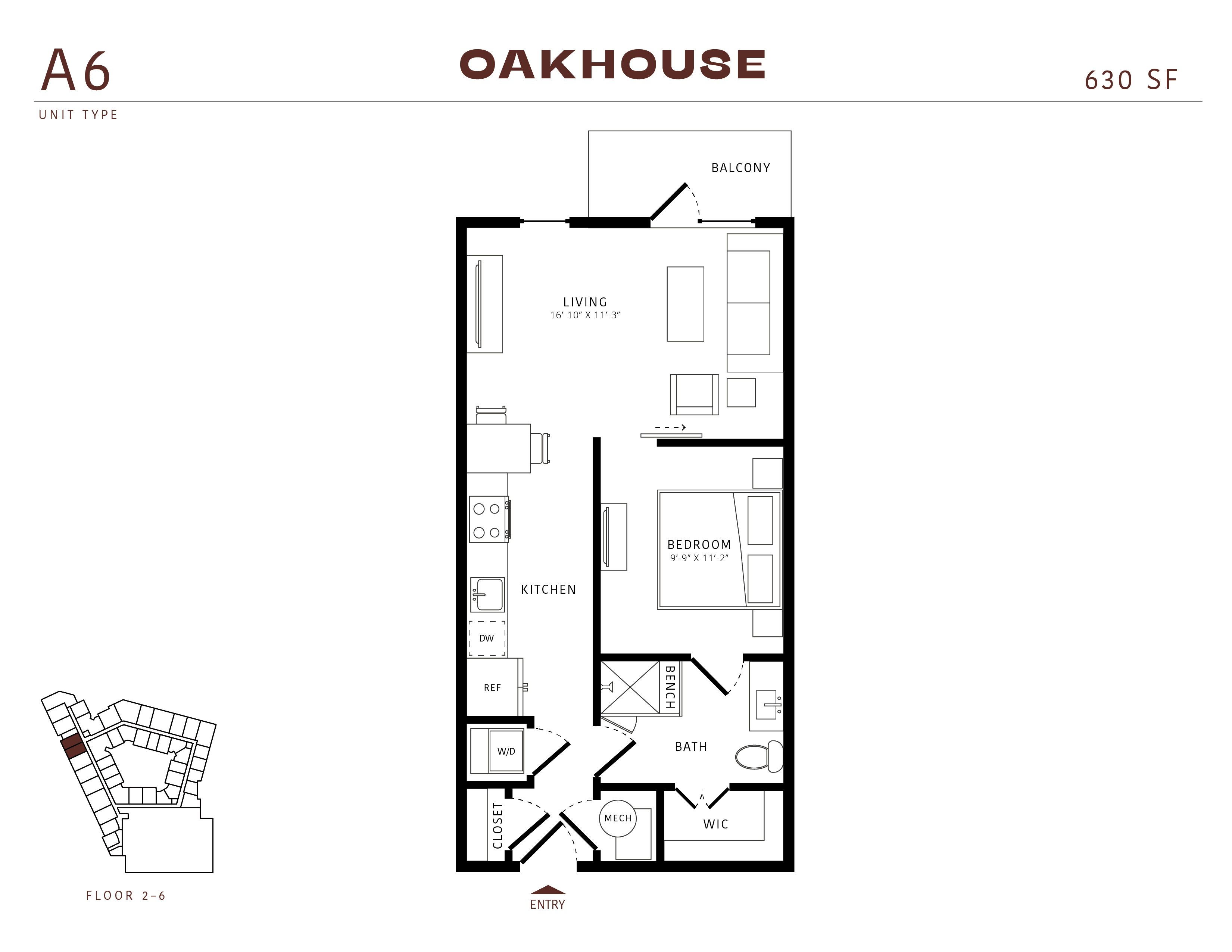 Floor plan for 1 bed, 1 bath, 630 sqft