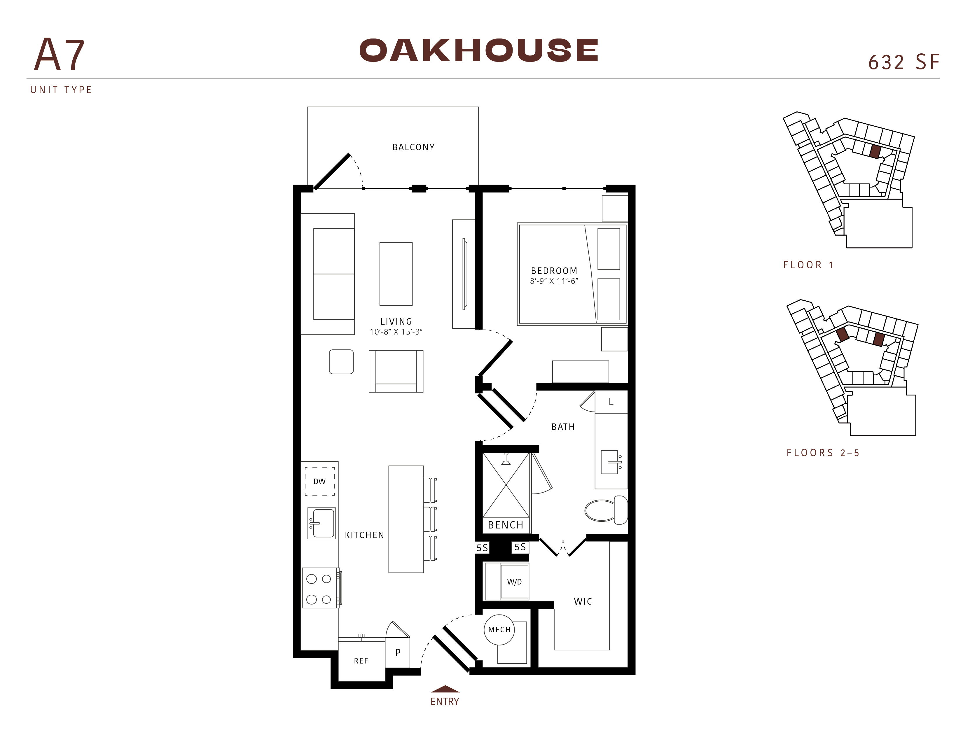 Floor plan for 1 bed, 1 bath, 632 sqft