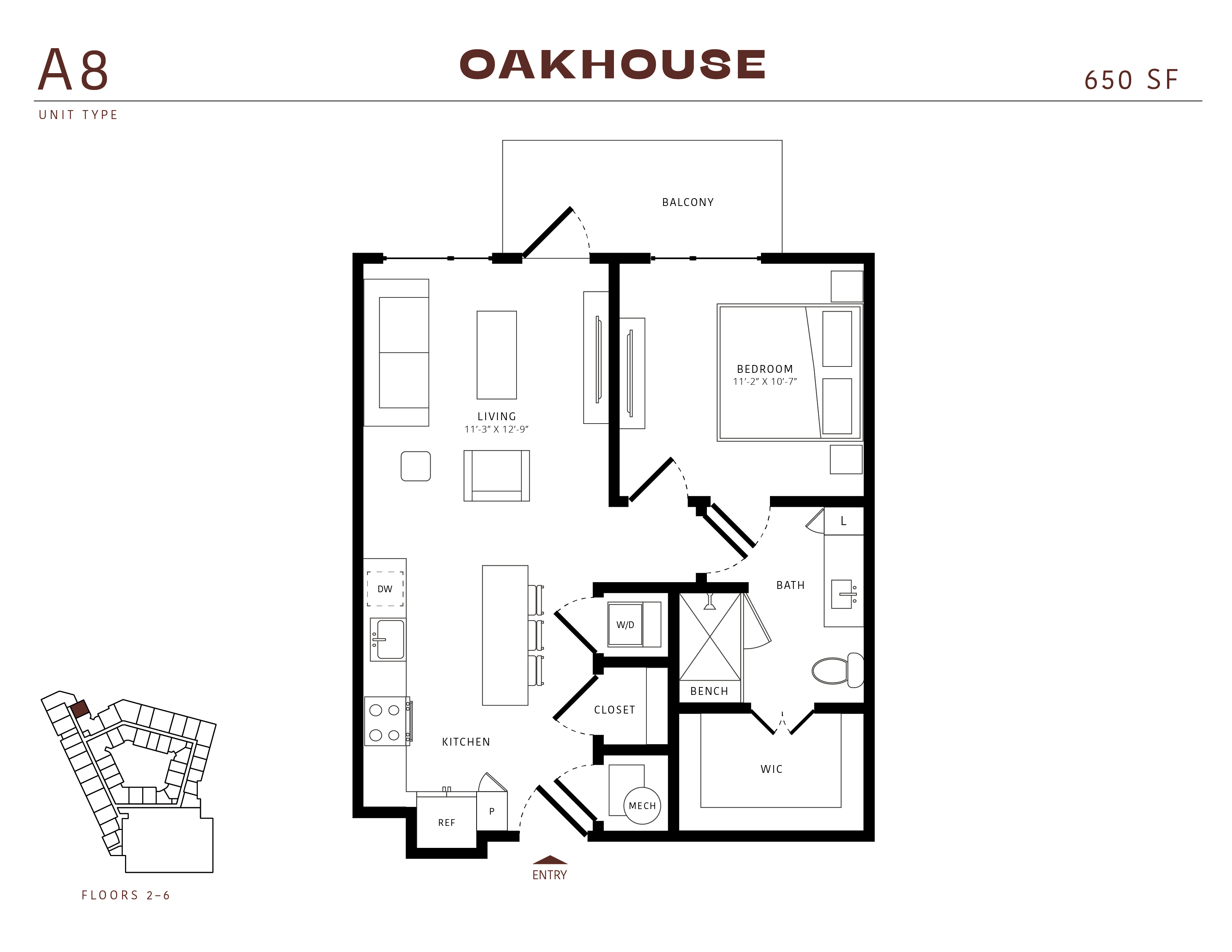Floor plan for 1 bed, 1 bath, 648 sqft