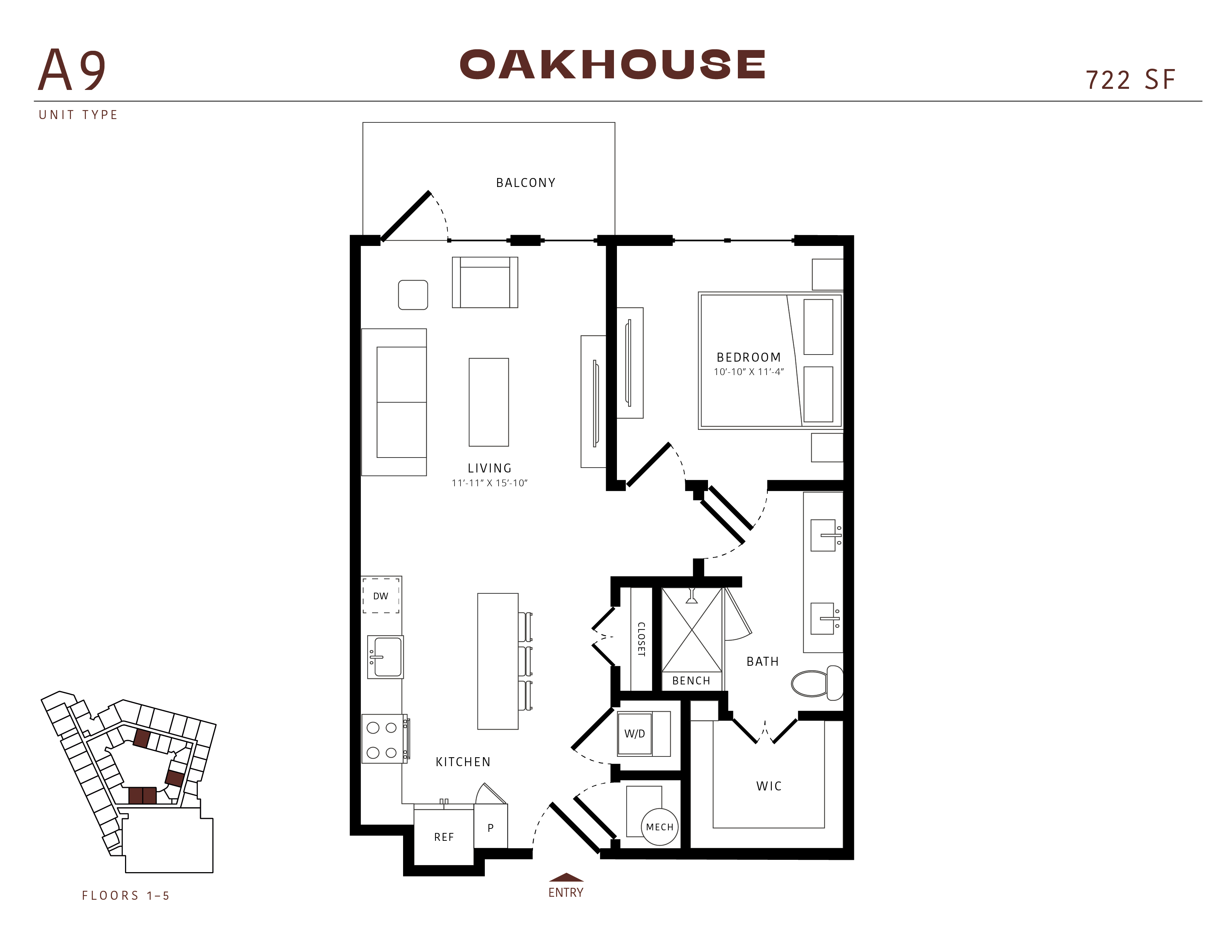 Floor plan for 1 bed, 1 bath, 722 sqft