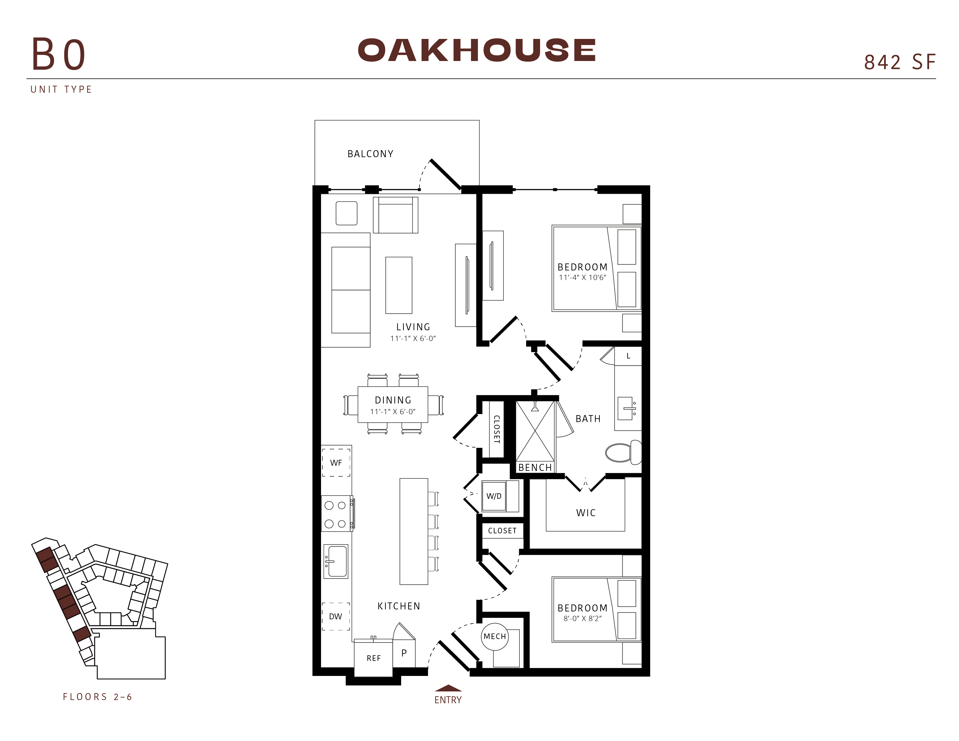 Floor plan for 2 beds, 1 bath, 842 sqft