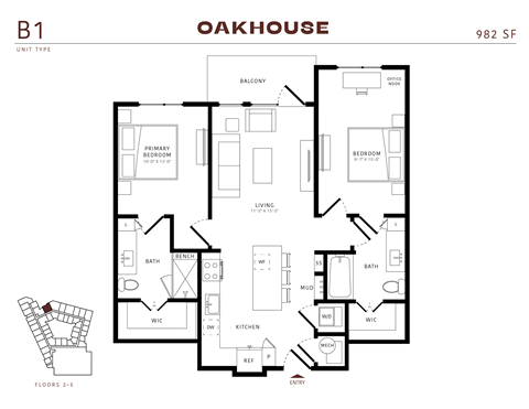 Floor plan for 2 beds, 2 baths, 982 sqft