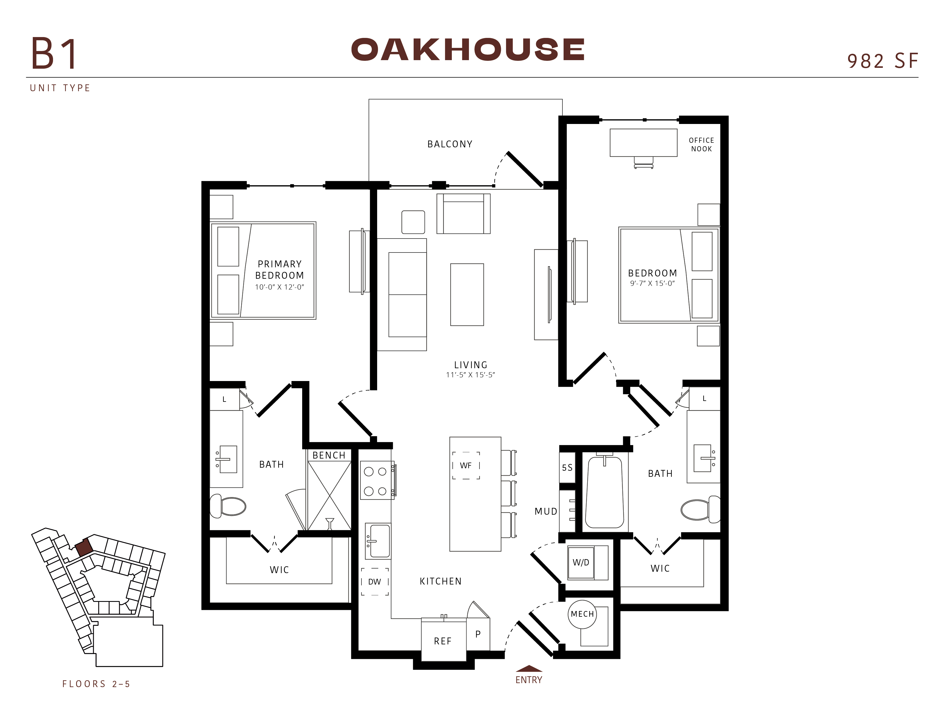 Floor plan for 2 beds, 2 baths, 982 sqft
