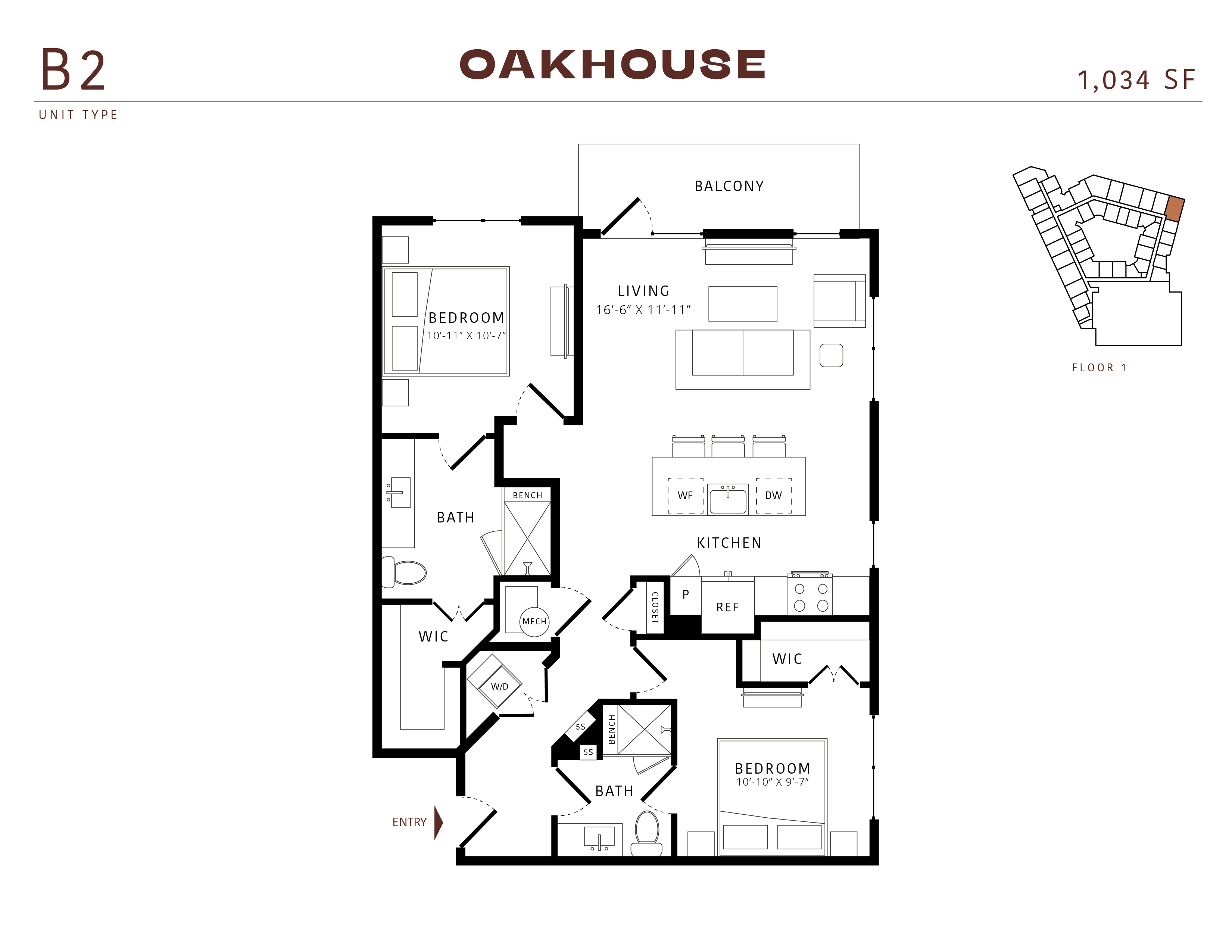 Floor plan for 2 beds, 2 baths, 1034 sqft