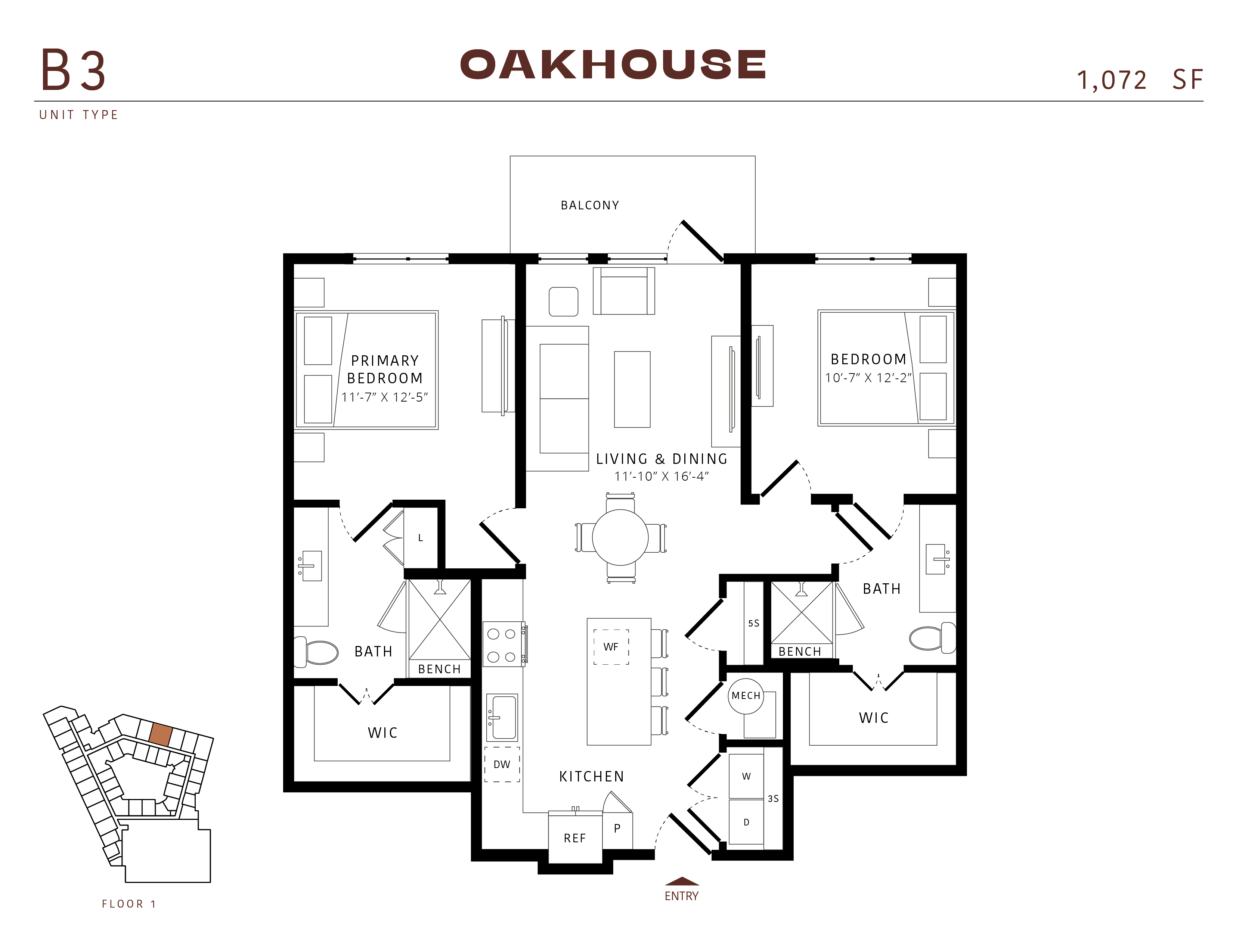 Floor plan for 2 beds, 2 baths, 1070 sqft