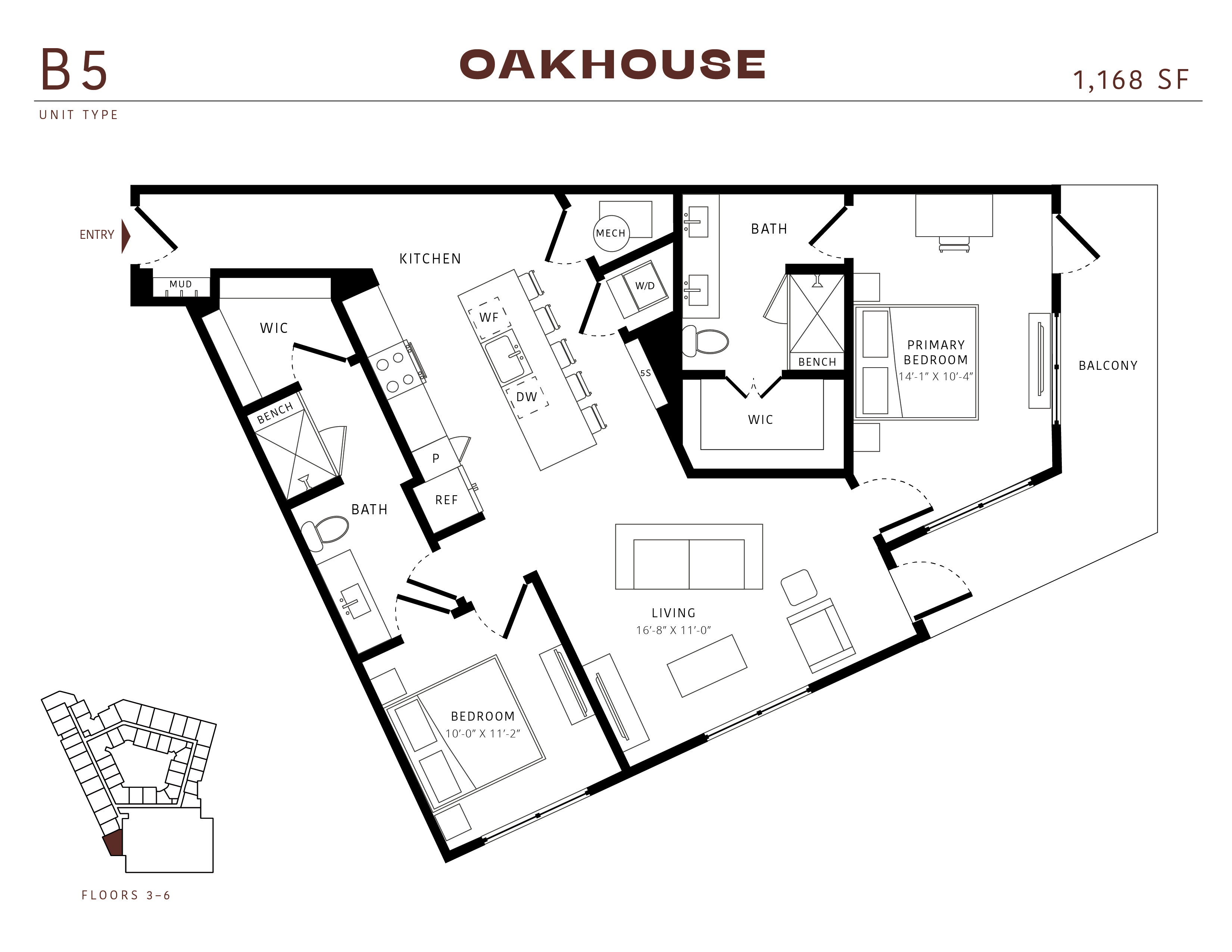 Floor plan for 2 beds, 2 baths, 1168 sqft