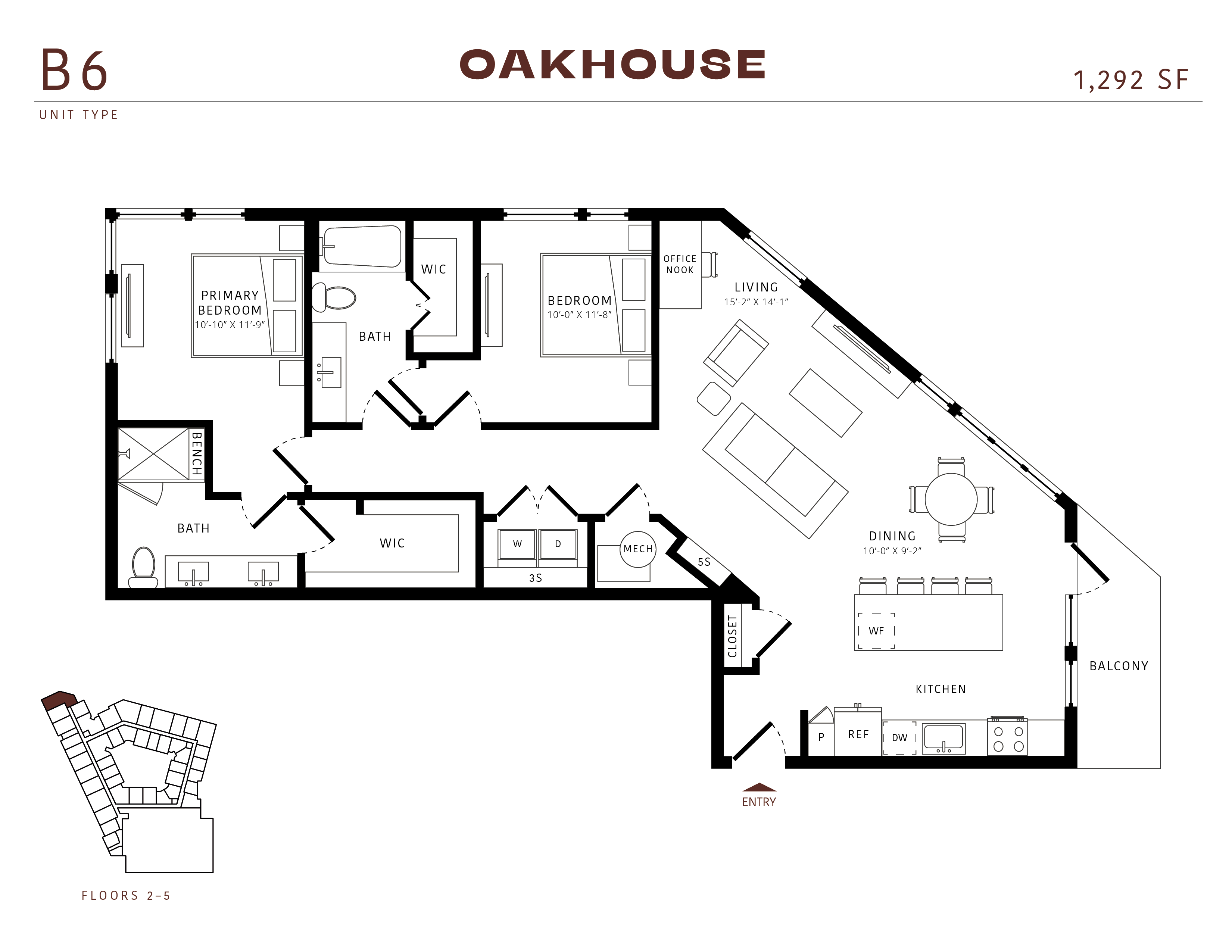 Floor plan for 2 beds, 2 baths, 1292 sqft