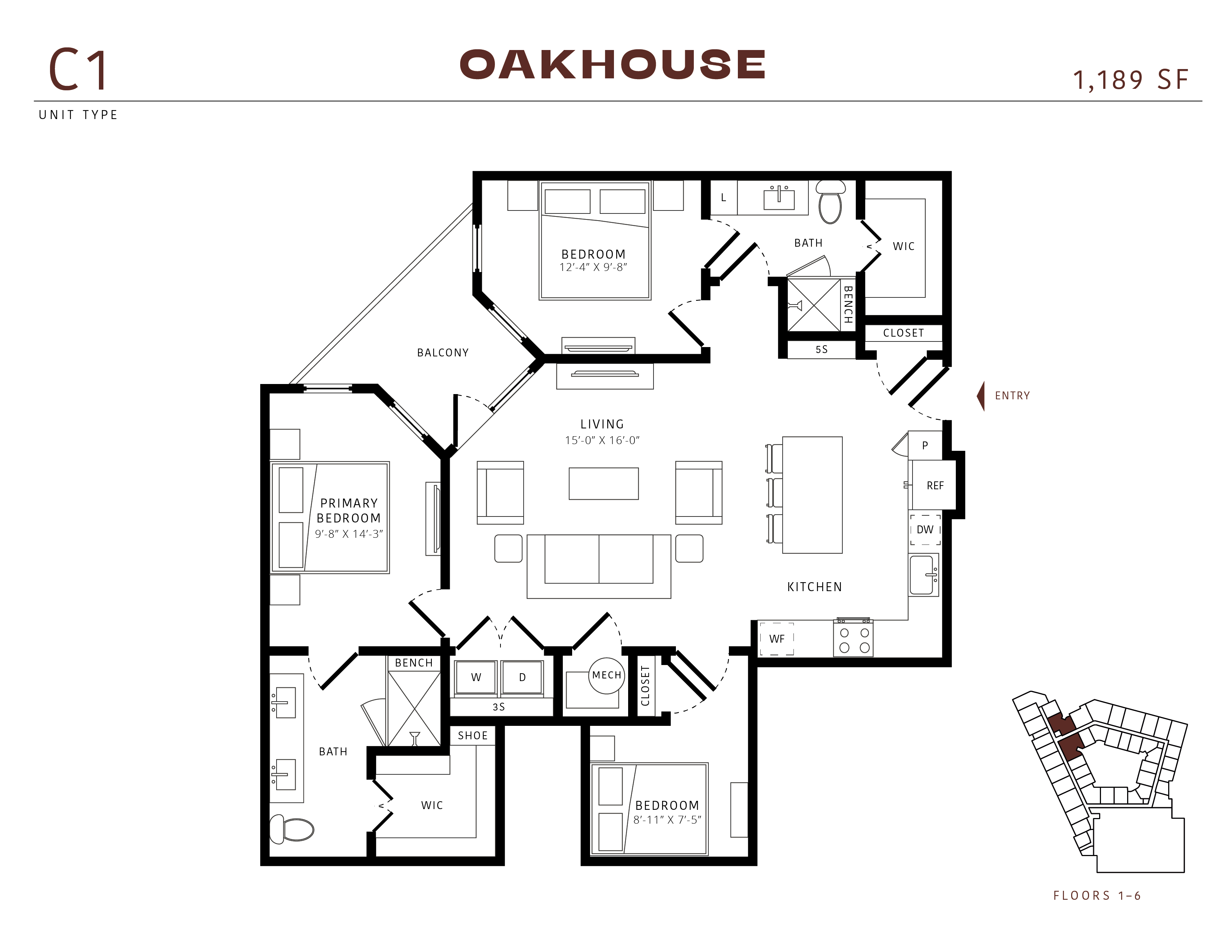 Floor plan for 3 beds, 2 baths, 1189 sqft