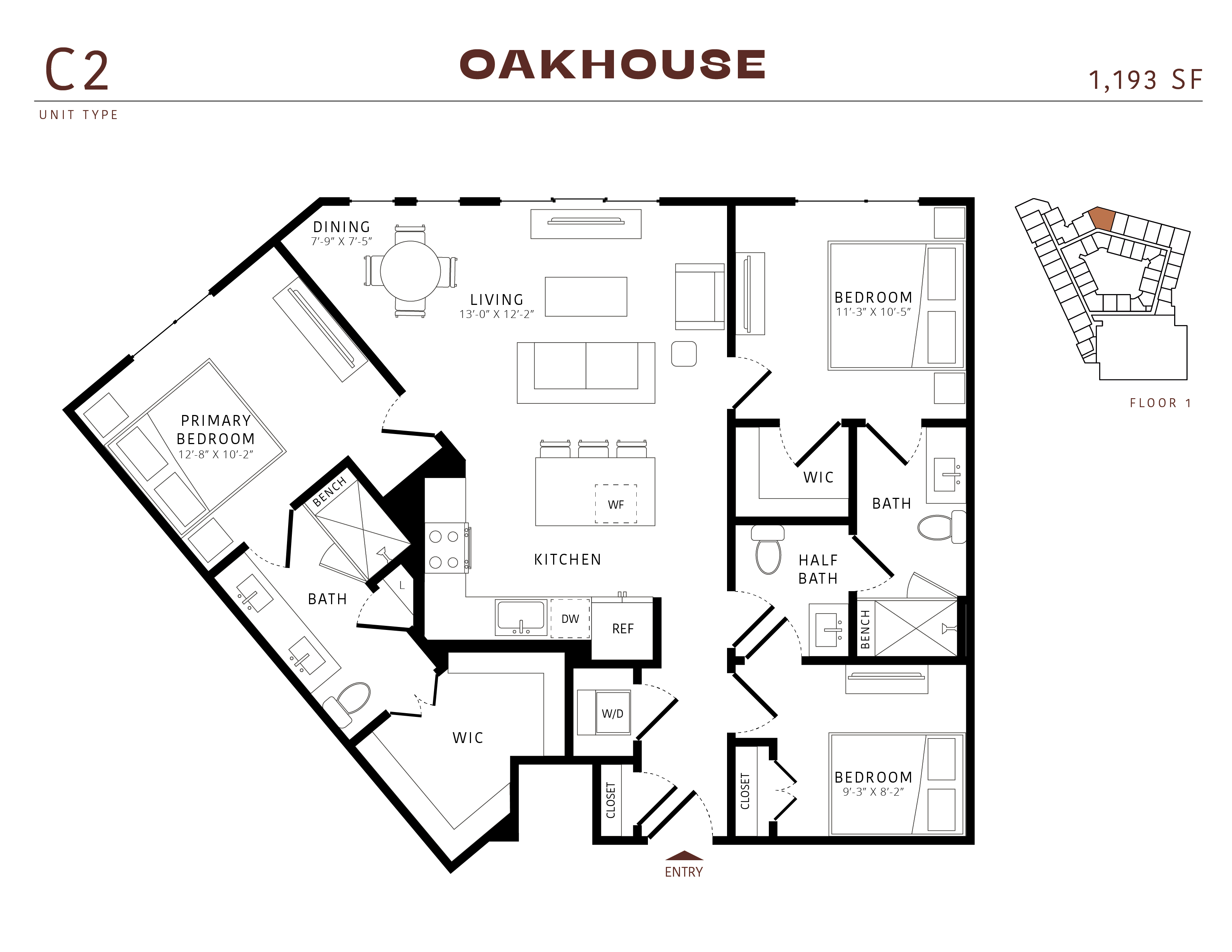 Floor plan for 3 beds, 2 baths, 1193 sqft