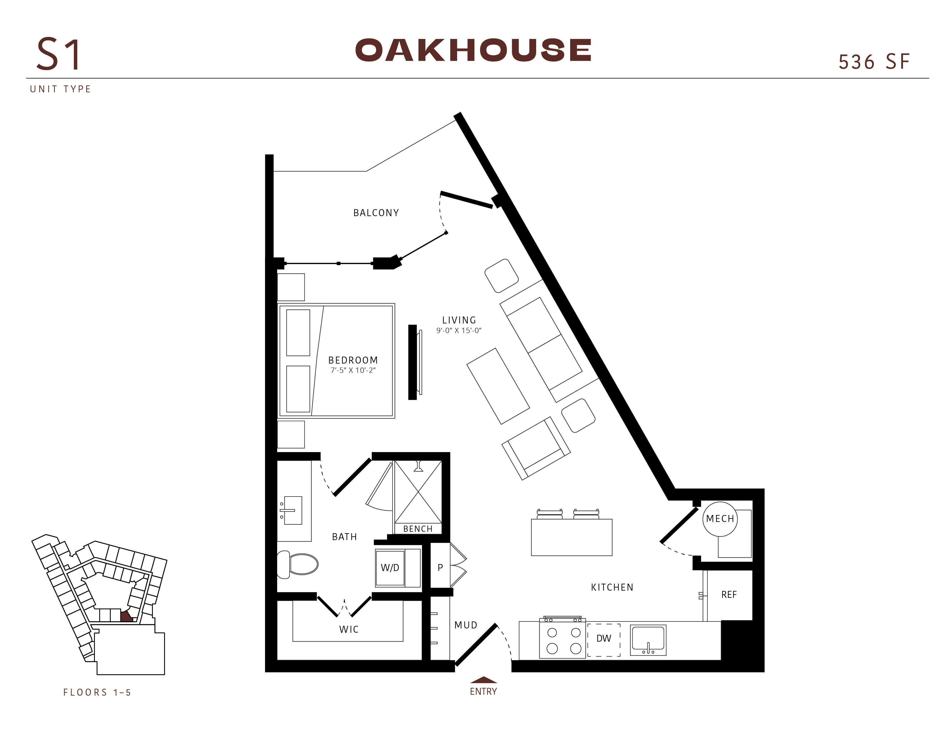 Floor plan for studio, 1 bath, 536 sqft