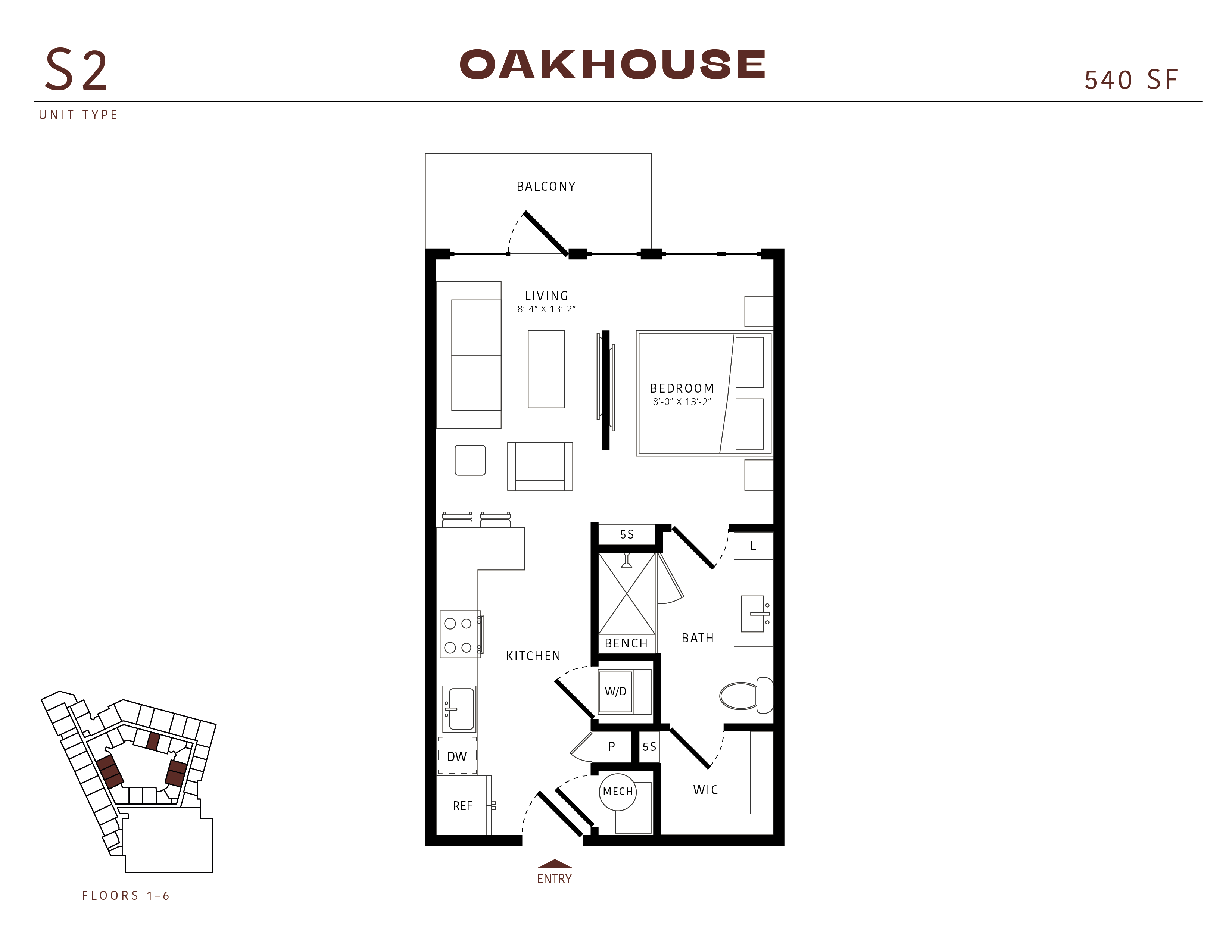 Floor plan for studio, 1 bath, 540 sqft