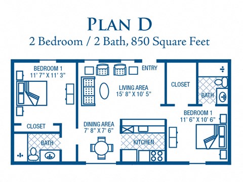 Floor plan for 2 beds, 2 baths, 850 sqft