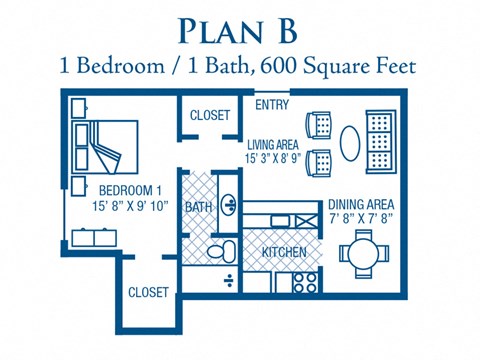 Floor plan for 1 bed, 1 bath, 600 sqft