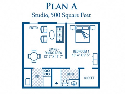 Floor plan for 1 bed, 1 bath, 500 sqft