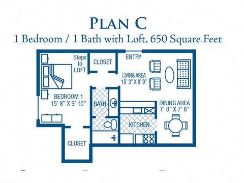 Floor plan for 1 bed, 1 bath, 650 sqft
