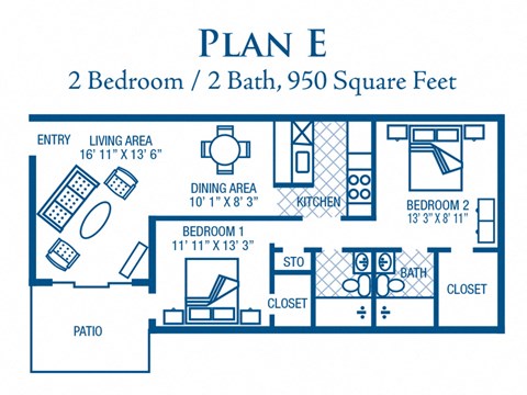 Floor plan for 2 beds, 2 baths, 950 sqft
