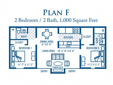 Floor plan for 2 beds, 2 baths, 1000 sqft