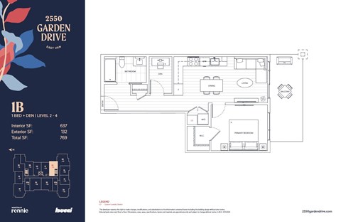Floor plan for 1 bed, 1 bath, 637 sqft