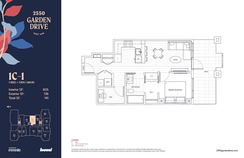 Floor plan for 1 bed, 1 bath, 605 sqft