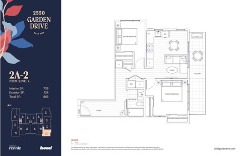 Floor plan for 2 beds, 1 bath, 739 sqft