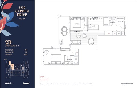 Floor plan for 2 beds, 2 baths, 914 sqft