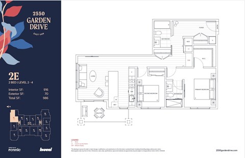 Floor plan for 2 beds, 2 baths, 916 sqft