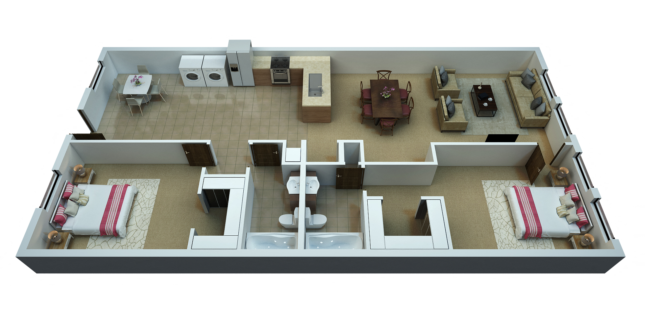 Floor plan for 2 beds, 2 baths, 1258 sqft