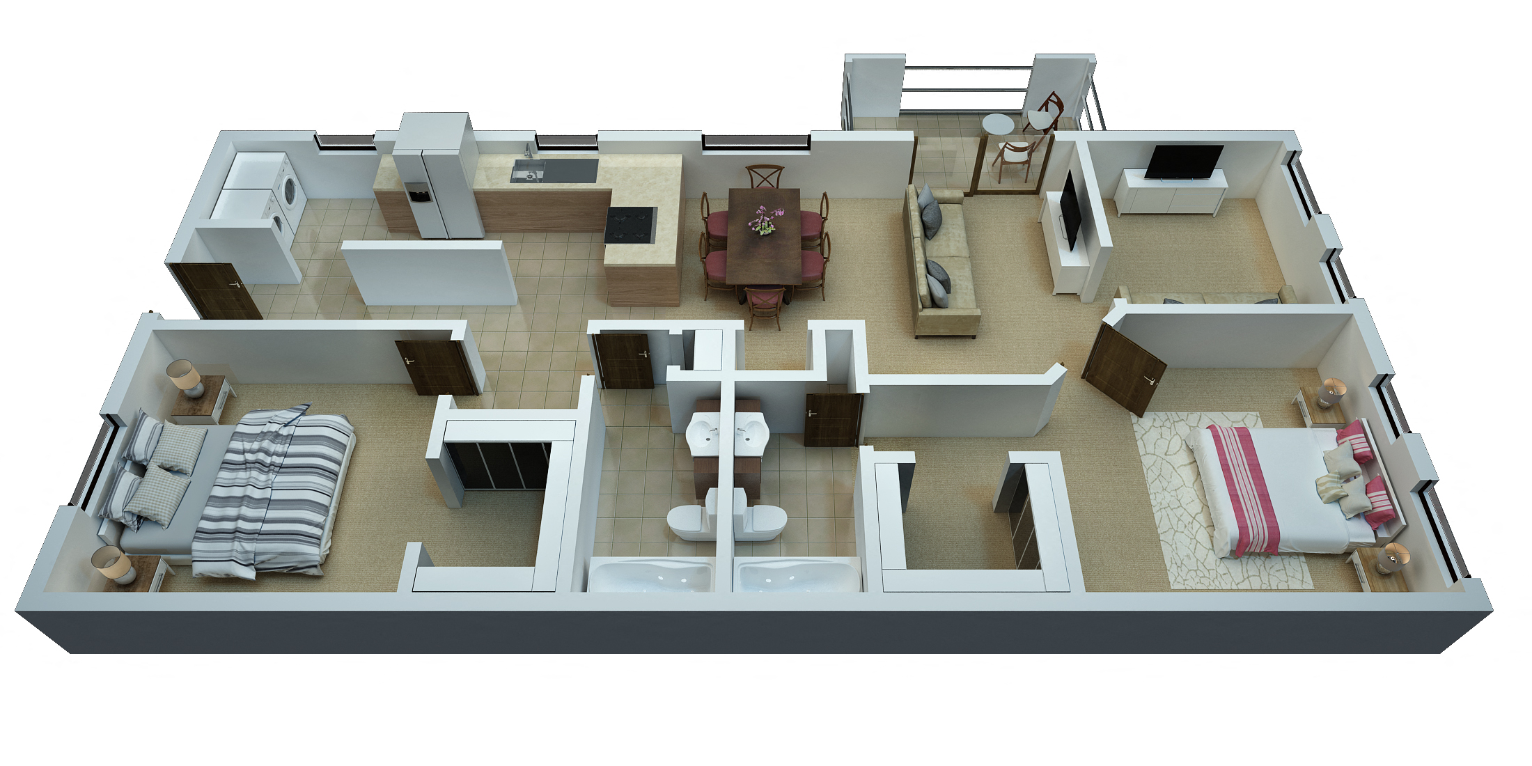 Floor plan for 2 beds, 2 baths, 1255 sqft