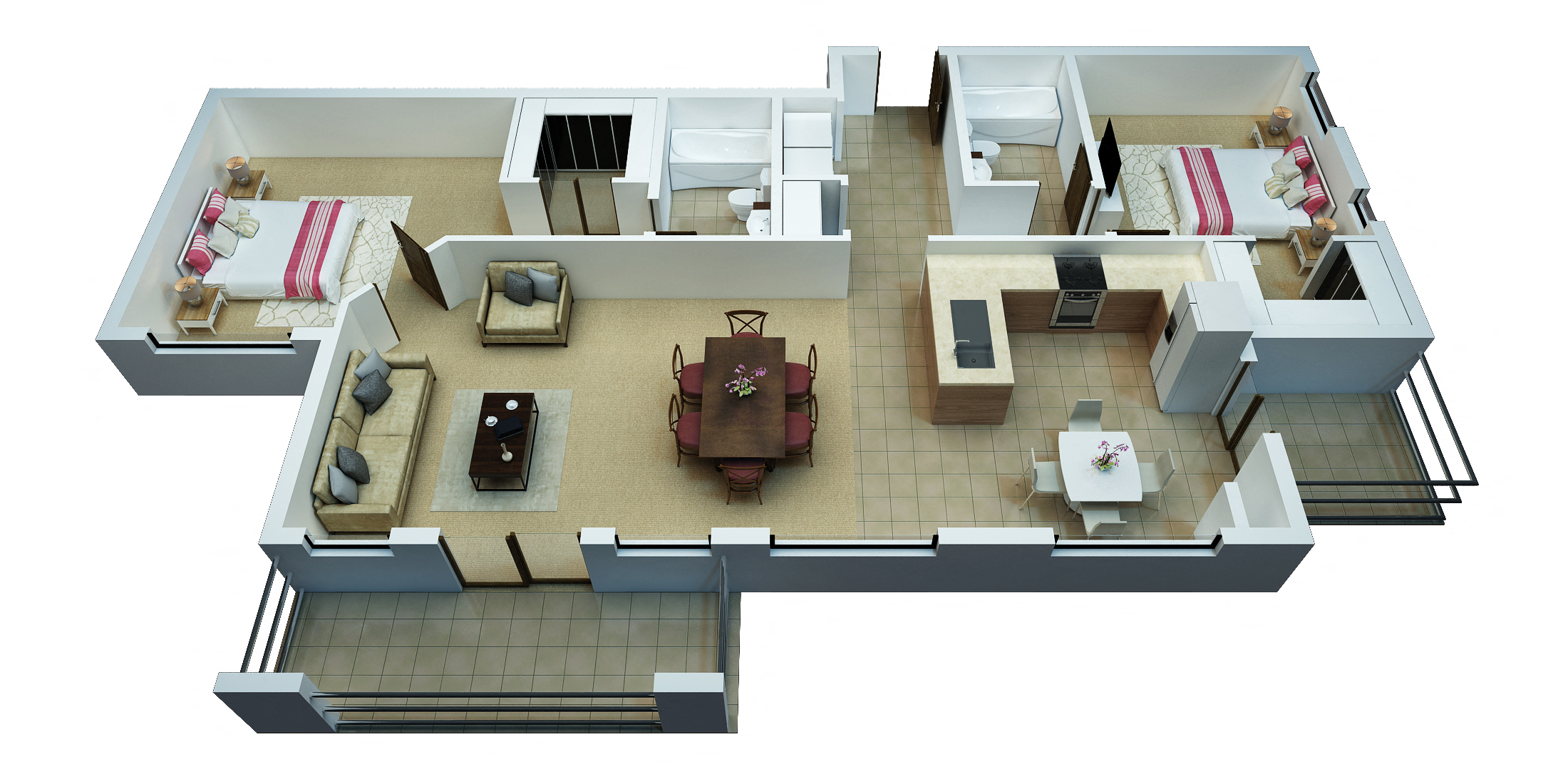 Floor plan for 2 beds, 2 baths, 1368 sqft
