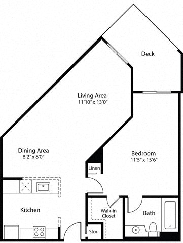 Floor plan for 1 bed, 1 bath, 617 sqft