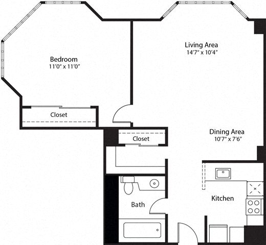 Floor plan for 1 bed, 1 bath, 652 sqft