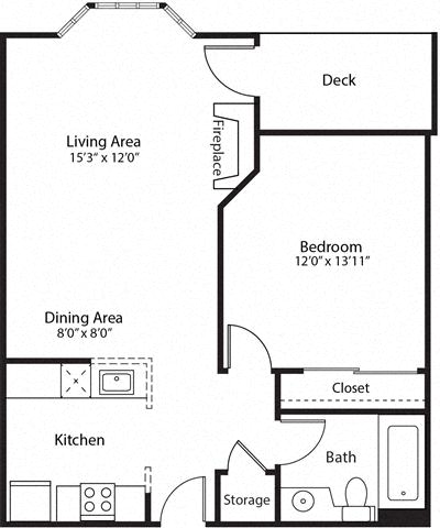 Floor plan for 1 bed, 1 bath, 658 sqft
